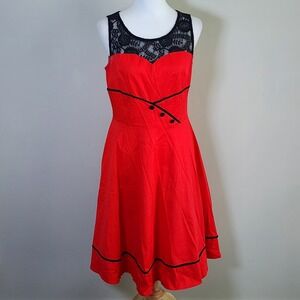 Fit and Flare Dress Womens Medium Red Black Lace Rockabilly Pinup Retro Romantic